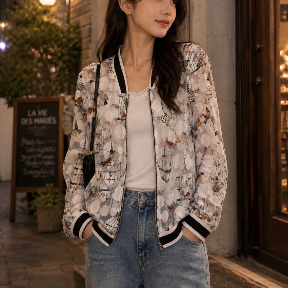 Zoe Sheer Bird Print Bomber Jacket Size S/M Lightweight Zip Front Trendy Layer